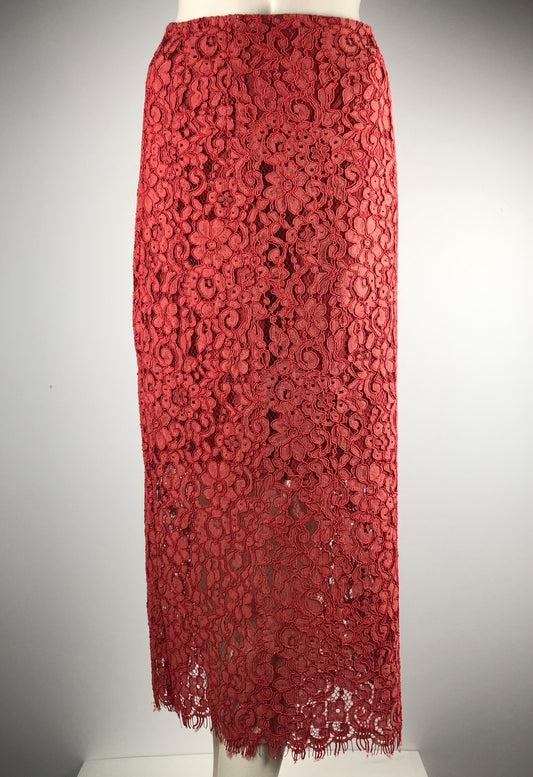 Red lace midi skirt